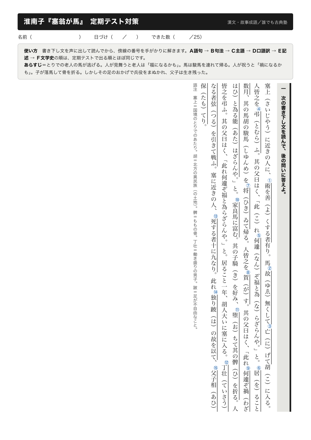 故事成語「塞翁が馬」確認テスト（淮南子）｜定期テスト対策の1ページ目